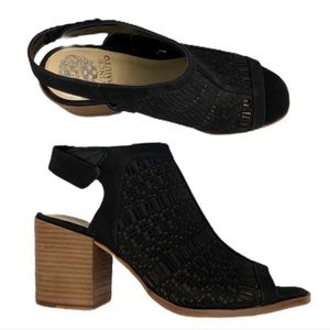 Vince Camuto Block Heel Sandal Keannie Black Leather Perforated Shootie Size 10